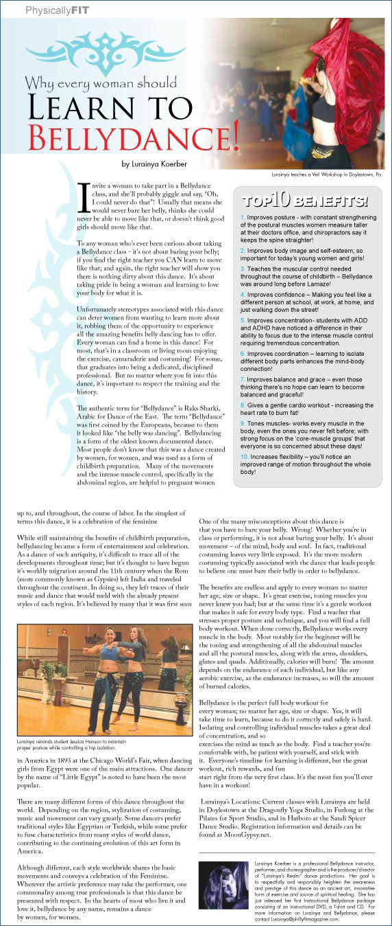 Lurainya Koerber of Moon Gypsy Productions and her article on the benefits of belly dance in PhillyFIT magazine