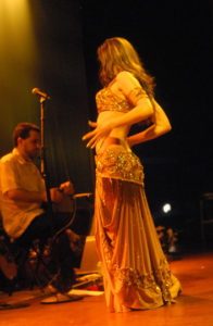 Lurainya Koerber performing belly dance to live music with Animus at World Cafe Live in Philadelphia, PA